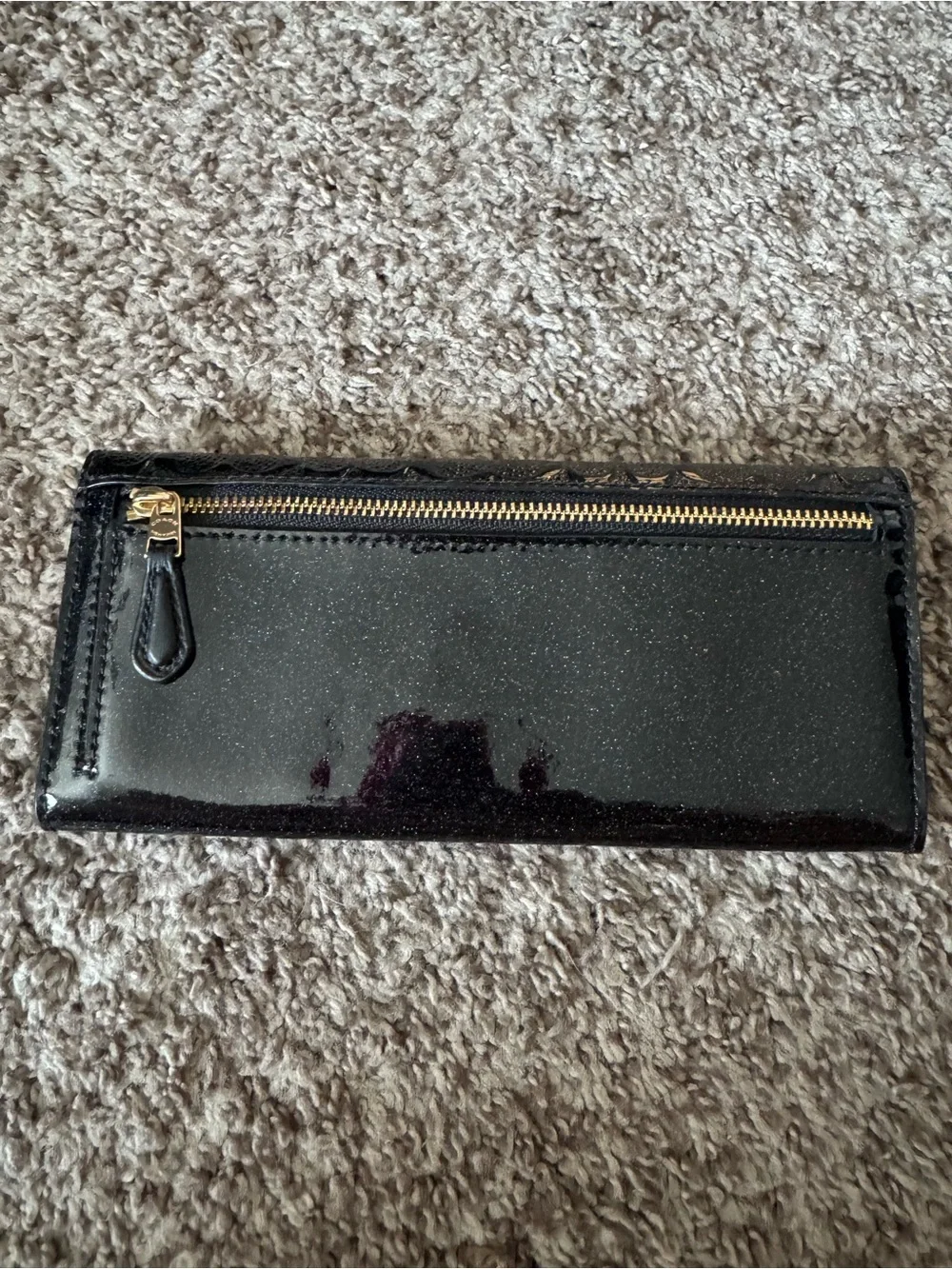 Coach Black Signature Patent Continental Wallet with Gold Logo